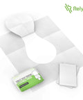 Flushable Toilet Seat Covers On The Go 50 Pack XL displayed with packaging and unfolded biodegradable paper sheet.