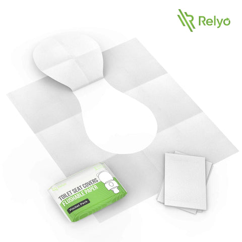 Flushable Toilet Seat Covers On The Go 50 Pack XL displayed with packaging and unfolded biodegradable paper sheet.