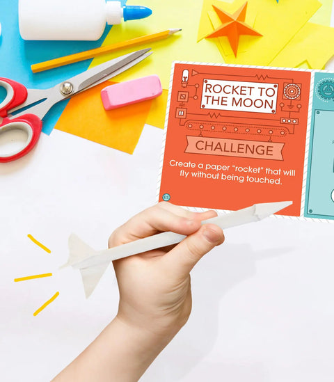 Hands-On STEM Challenges Learning Cards For Grades 2 To 5 Science Kits With Fun Facts And Real-World Projects Across Physical Life Earth And Space Science For Curious Kids rocket challenge card with paper rocket and craft tools