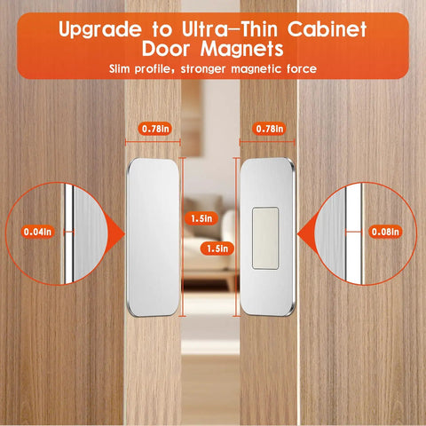 10 Pack Ultra Thin Magnetic Cabinet Door Catch Set With Double-Sided Adhesive Stainless Steel Latches No Drill Required Install Strong Hold For Cabinets And Closets 0.12 Inch Thick shown installed on cabinet doors