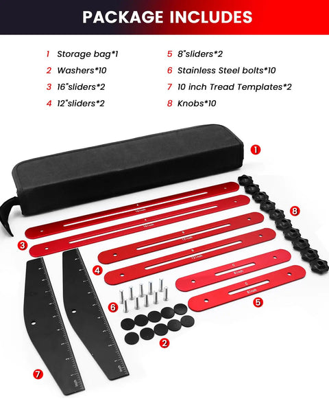 Components of Aluminum Stair Tread Template Tool 8 To 60 Inch Jig For Accurate Angle Length And Depth Measurement Pro Grade Stair Gauge