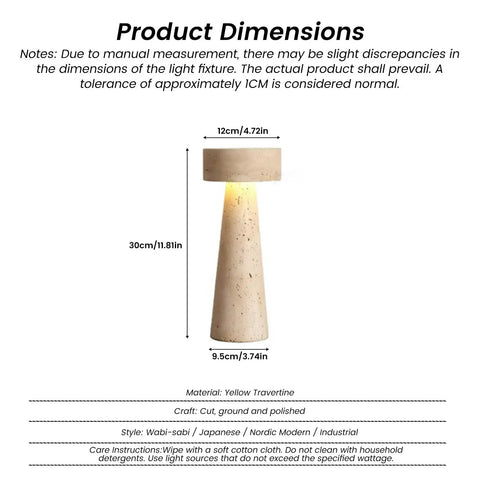 Dimensions and style details of Travertine Stone Table Lamp With Warm White LED, Japanese Wabi Sabi Mushroom Nightstand Light.