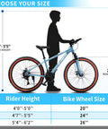 Kids Mountain Bike For Boys And Girls 24 Or 26 Inch With 21 Speeds, Suspension Fork, Disc Brakes, Blue next to rider height guide.