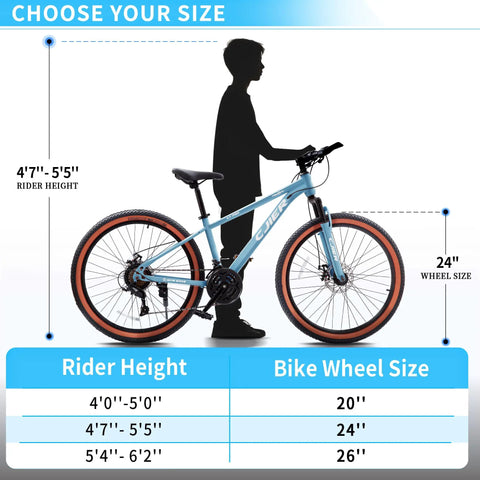 Kids Mountain Bike For Boys And Girls 24 Or 26 Inch With 21 Speeds, Suspension Fork, Disc Brakes, Blue next to rider height guide.