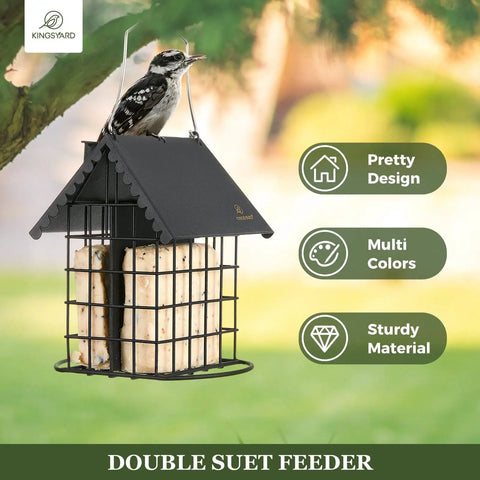 Double Suet Bird Feeder With Weatherproof Roof And Perches All Metal Cage For Outdoors Hangin Easy To Clean And Refill Rust Resistant Black