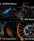 Close-up of Trail-Ready Electric Dirt Bike For Adults With 3000W Peak Motor 40 MPH Top Speed 48V Battery 53 Mile Range