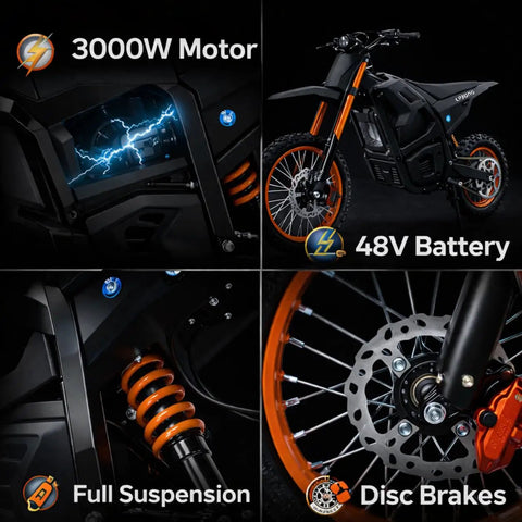 Close-up of Trail-Ready Electric Dirt Bike For Adults With 3000W Peak Motor 40 MPH Top Speed 48V Battery 53 Mile Range
