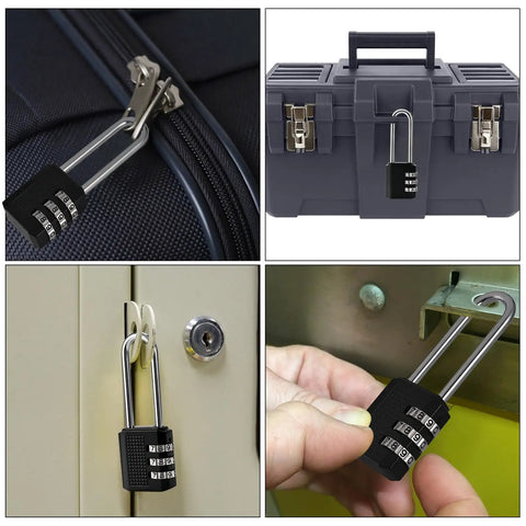 4 Pack 2.2 Inch Small Combination Locks With 3 Digit Resettable Codes, Black, shown on luggage, toolbox, locker, and gate.