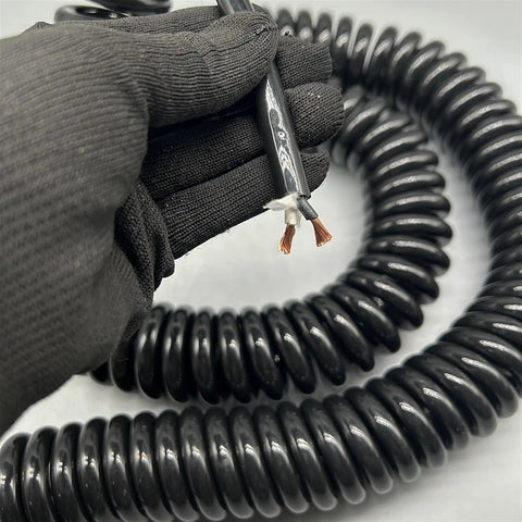 Heavy Duty Two Core Coiled Extension Cord With Smooth Retractable Stretch Design that showcases durable conductors and coil design.
