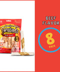 American Beefhide 5 Inch Chip Rolls Dog Chew Treats With Real Beef Meat Wrap, pack of 8 in packaging, displayed with two rolls.