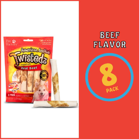 American Beefhide 5 Inch Chip Rolls Dog Chew Treats With Real Beef Meat Wrap, pack of 8 in packaging, displayed with two rolls.