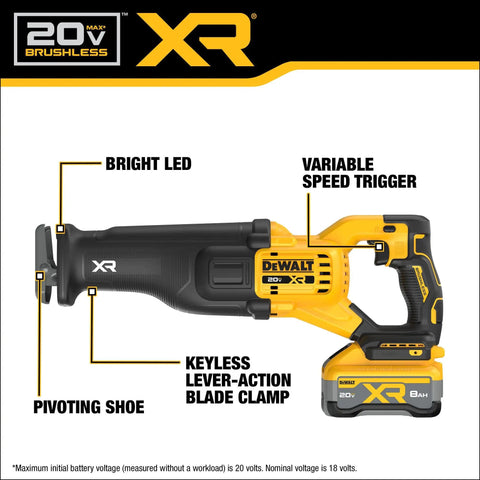 20V Max XR Cordless Reciprocating Saw Kit with Battery and Charger Included, Brushless Power for Fast Cuts, One and One Eighth Inch Stroke