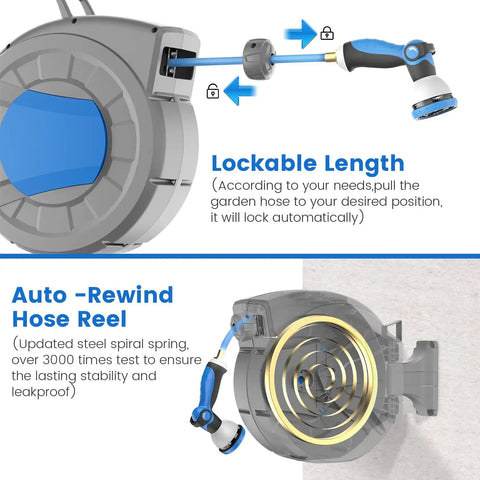 Retractable Garden Hose Reel Wall Mount With 100 Ft Hose Half Inch Diameter Automatic Slow Rewind Lock Any Length diagram