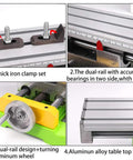 6350 Size Mini Multifunction Milling Work Table with adjustable dual-rail design, aluminum dovetail slots, and iron clamp set