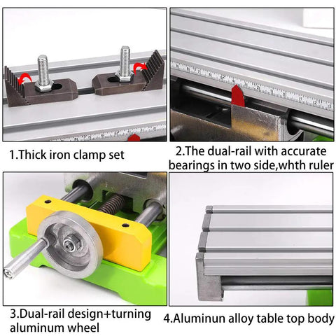 6350 Size Mini Multifunction Milling Work Table with adjustable dual-rail design, aluminum dovetail slots, and iron clamp set
