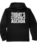 Wilderness Explorer Performance Hoodie For Campers And RV Lovers, black fleece hoodie with 'Today's Agenda' graphic print.