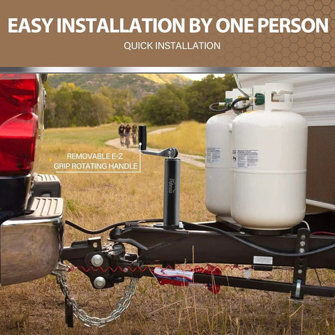 RV trailer tongue jack with removable E-Z grip rotating handle on A-frame hitch; black steel post