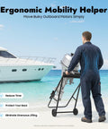 Man using Outboard Motor Trolley Carrier Cart Foldable Engine Stand Built To Last For Boats Heavy Duty 30 HP Motors Long And Short Shaft 70Kg Capacity Tough Steel Frame With Corrosion Resistant Finish on a pier.