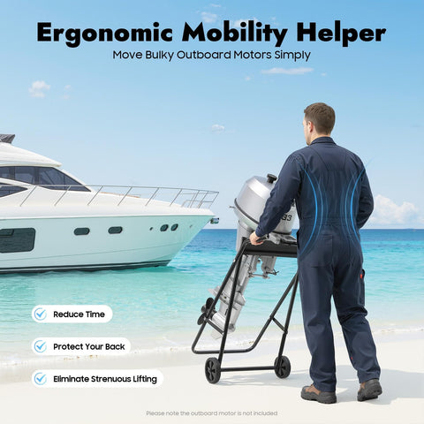 Man using Outboard Motor Trolley Carrier Cart Foldable Engine Stand Built To Last For Boats Heavy Duty 30 HP Motors Long And Short Shaft 70Kg Capacity Tough Steel Frame With Corrosion Resistant Finish on a pier.