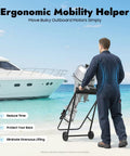 Man using Outboard Boat Motor Stand On Wheels Heavy Duty Steel Engine Cart For Repair Maintenance And Storage by a yacht