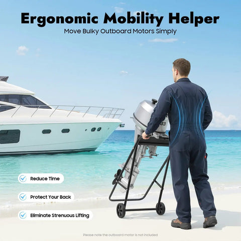 Man using Outboard Boat Motor Stand On Wheels Heavy Duty Steel Engine Cart For Repair Maintenance And Storage by a yacht