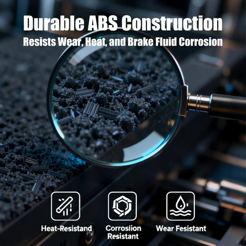 Brake Filler Master Cylinder Fluid Reservoir Cap Fits Ford F-150 Expedition Excursion E-Series F-250 F-350 And Lincoln Navigator Replacement F88Z-2162-AA with durable ABS construction under magnification showing textured material and icons for heat, corrosion, and wear resistance