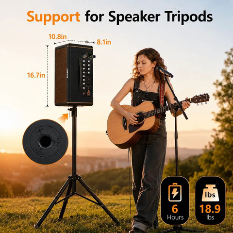 Musician with guitar using 40W Acoustic Guitar Amplifier with Bluetooth, battery-powered speaker on tripod outdoors