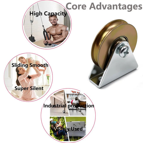 Heavy Duty 1.5 Inch Bearing Wheel Wire Rope Pulley Block With Triangular L Bracket For Lifting 300 Pound Capacity Supported By Quarter Inch Rope Suitable For Indoor Outdoor Doors Windows Shutters Furniture Fittings Cabinets And Drawers, 1.5 inch bearing steel pulley