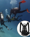 Divers underwater with Dive Tank Backpack For Scuba Gear, Black Back Harness With Anti Skid Grip shown in close-up inset.