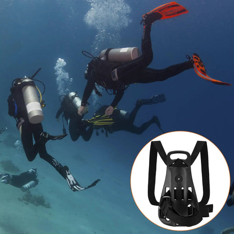Divers underwater with Dive Tank Backpack For Scuba Gear, Black Back Harness With Anti Skid Grip shown in close-up inset.