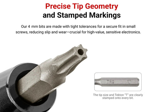Close-up of a 4 mm Precision Bit from the 97 Piece Bit Set for Electronics in Hardened Steel, showcasing precise tip geometry and markings.