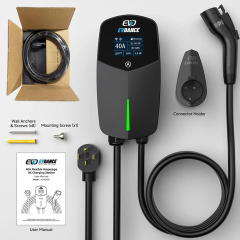 High Performance Level 2 EV Charger 40 Amp 9.6 KW Fast Charge 240 Volt NEMA 14-50 Plug with accessories and user manual.