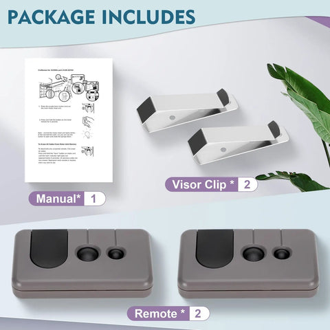 Package items including manual, two visor clips, and two remotes for Two Pack Universal Garage Door Remote For 2006 To 2013 Openers With Purple Learn Button Only Security Plus 315 MHz Works With Most 315 MHz Openers From Major Brands Two Remotes Included.