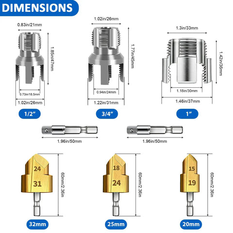Dimensions chart for Dual Function PVC Pipe Threader Tool Kit for Internal and External Threads on Water Pipes Drill Compatible