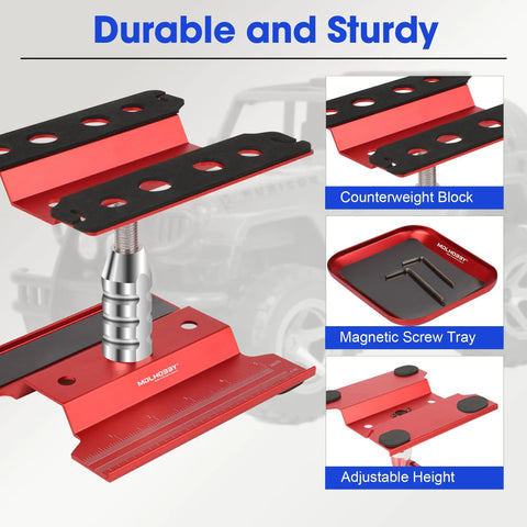 Beefy Aluminum RC Car Work Stand With 360 Degree Rotation Screw Tray showcasing counterweight block and adjustable height