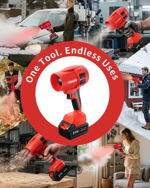 21V Cordless Leaf Blower, Ultra Lightweight Handheld Turbo Jet in red shown clearing various surfaces and materials
