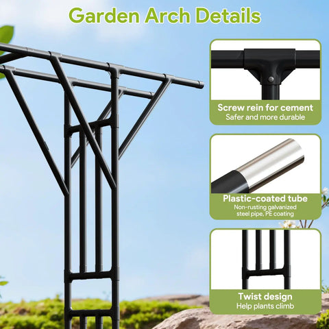 Massive Flattop Garden Arch in Black, 140.7 Inch Long and 106 Inch High, structural and material details shown