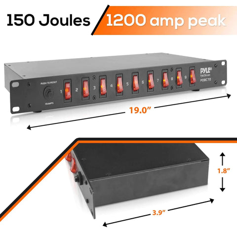 Built Tough 9 Outlet Surge Protector Power Strip With 150 Joules And 1200 A Peak Current Front Switches Rack Mount 1U, black