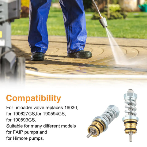 Close-up of pressure washer valve on wet patio and kit product image; Pressure Washer Unloader Valve Assembly Replacement Kit For 16030 190627GS 190594GS 190593GS Pumps Durable Easy Install Works With A Ton Of Models Keeps Your System Flowing Smoothly visible.