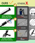 Comparison of stand-up weed puller with long handle, detachable four section pole, and stainless steel four claw head.