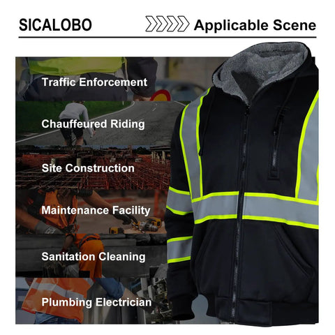Hi Vis Fleece Lined Safety Hoodie For Men With Reflective Stripes, Winter Bomber Jacket Style, ANSI 107, Black, 2XL