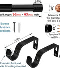 Adjustable Curtain Rod 36 To 63 Inches Black Three Quarter Inch Pole Fits Windows And Patio Easy To Install With Twist Overlap Design Versatile Drapery Rod For Any Room Or Outdoor Space No Fuss Setup, hardware included, dimensions.
