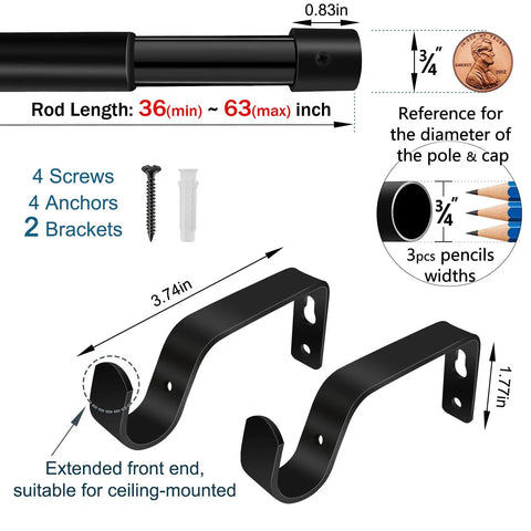 Adjustable Curtain Rod 36 To 63 Inches Black Three Quarter Inch Pole Fits Windows And Patio Easy To Install With Twist Overlap Design Versatile Drapery Rod For Any Room Or Outdoor Space No Fuss Setup, hardware included, dimensions.