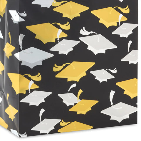 Medium Graduation Gift Bag With Tissue Paper Featuring Gold And Silver Mortarboards On Black For College High School Eighth Grade Kindergarten And Nurses Gift Ready