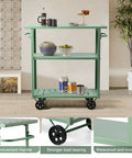 Flat Out Sturdy Three Tier Rolling Kitchen Cart Slick Green Metal Server With Tough Casters And Dual Hand Grips For Premium Indoor Coffee Tea Bar Display with coffee and snacks
