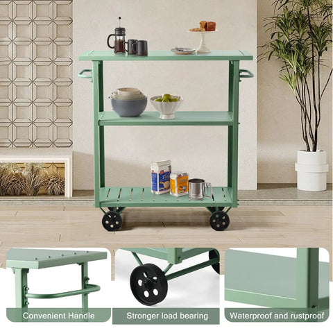 Flat Out Sturdy Three Tier Rolling Kitchen Cart Slick Green Metal Server With Tough Casters And Dual Hand Grips For Premium Indoor Coffee Tea Bar Display with coffee and snacks