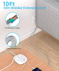 Ultra Thin 10 Foot Flat Plug Power Strip With 3 Outlets And 4 USB Ports Including 2 USB C showcasing braided cord design.