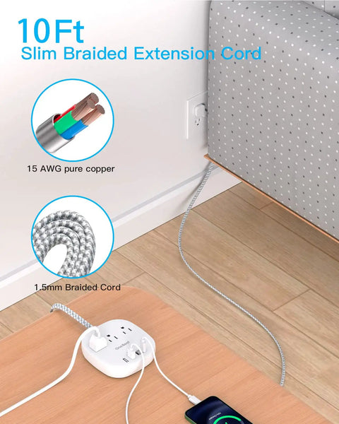 Ultra Thin 10 Foot Flat Plug Power Strip With 3 Outlets And 4 USB Ports Including 2 USB C showcasing braided cord design.