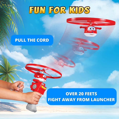 Outdoor Flying Disc Launcher Toy for Kids Ages 3 4 5 6 7 8 Boys and Girls, easy pull string, airplane themed, launched in sky