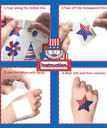 How to apply tattoos from 4th Of July Women Outfit Set With 120 PCS USA Flag Temporary Tattoos Featuring Fireworks Eagle Statue Of Liberty And Independence Day Memorial Day For A Classic Patriotic Look And Trendy Festive Vibe, showing step-by-step instructions.